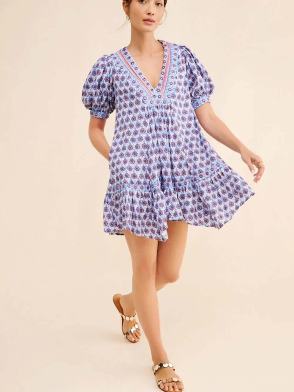 Maeve by Anthropologie Blue Puff-Sleeve V-Neck Mini Dress Large 38487 - Picture 3 of 13